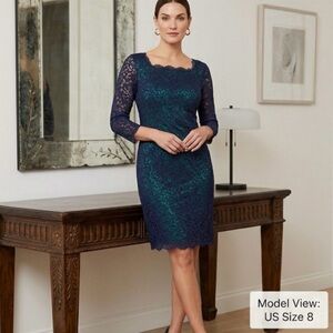 Adrianna Papell Navy & Teal Lace Sheath Dress - Size 8 - Scalloped V-Back